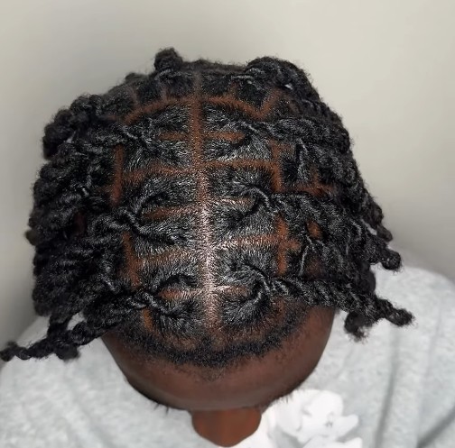 Three photos showing different braid/loc part styles.